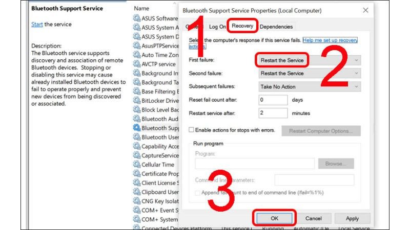 Thiết lập chế độ khôi phục dịch vụ Bluetooth Support Service trên Windows 10