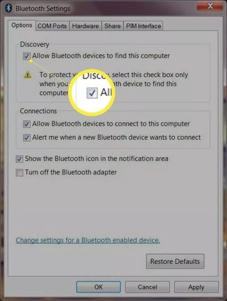 Thiết lập tùy chọn Bluetooth để kết nối thiết bị với máy tính Win 7