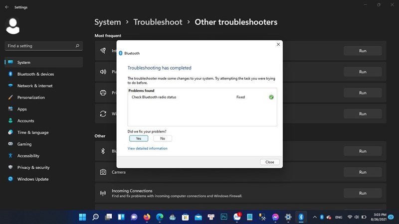 Thông báo lỗi Bluetooth đã được khắc phục sau khi chạy Troubleshooter Win 11
