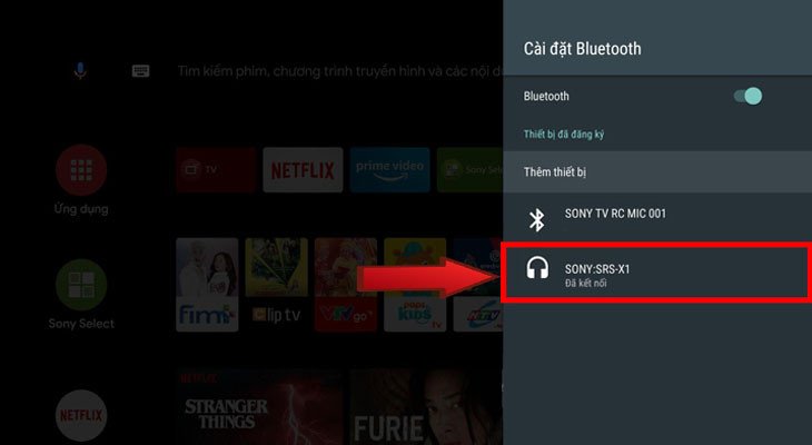 Thông báo trạng thái "Đã kết nối" trên tivi Sony, xác nhận ghép nối loa Bluetooth thành công.