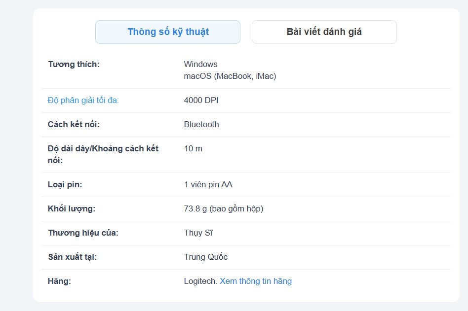 Thông số kỹ thuật của chuột máy tính bluetooth