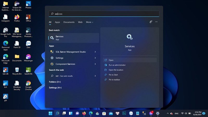 Tìm kiếm và mở Services để kiểm tra dịch vụ Bluetooth trên Windows 11