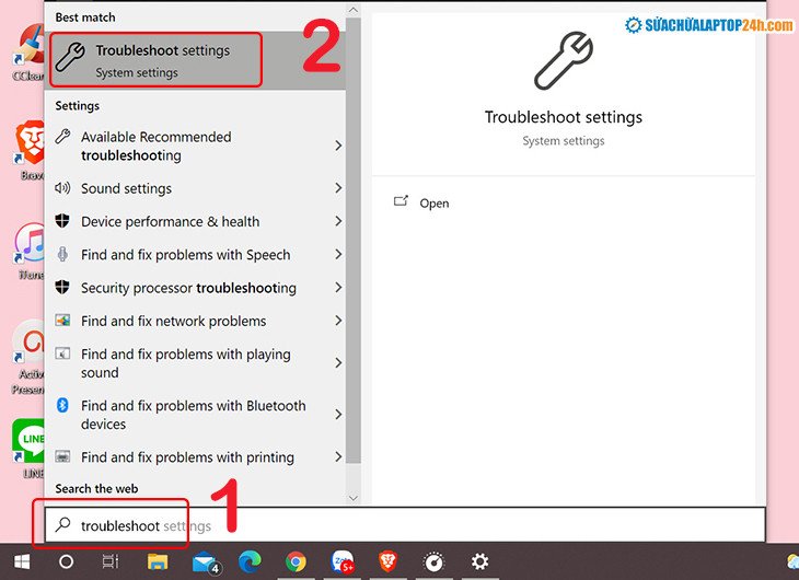 tìm kiếm và mở troubleshoot settings để giải quyết sự cố bluetooth
