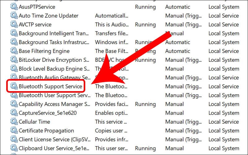Tìm và chọn Bluetooth Support Service trong danh sách dịch vụ