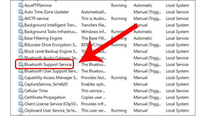 Tìm và chọn dịch vụ Bluetooth Support Service để cấu hình