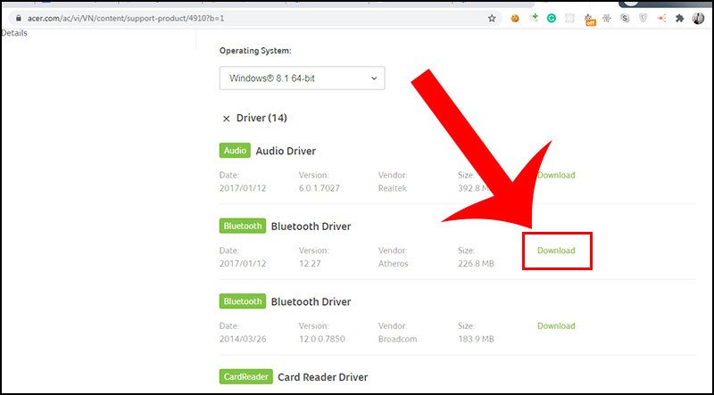 Tìm và tải driver Bluetooth từ trang hỗ trợ của Acer