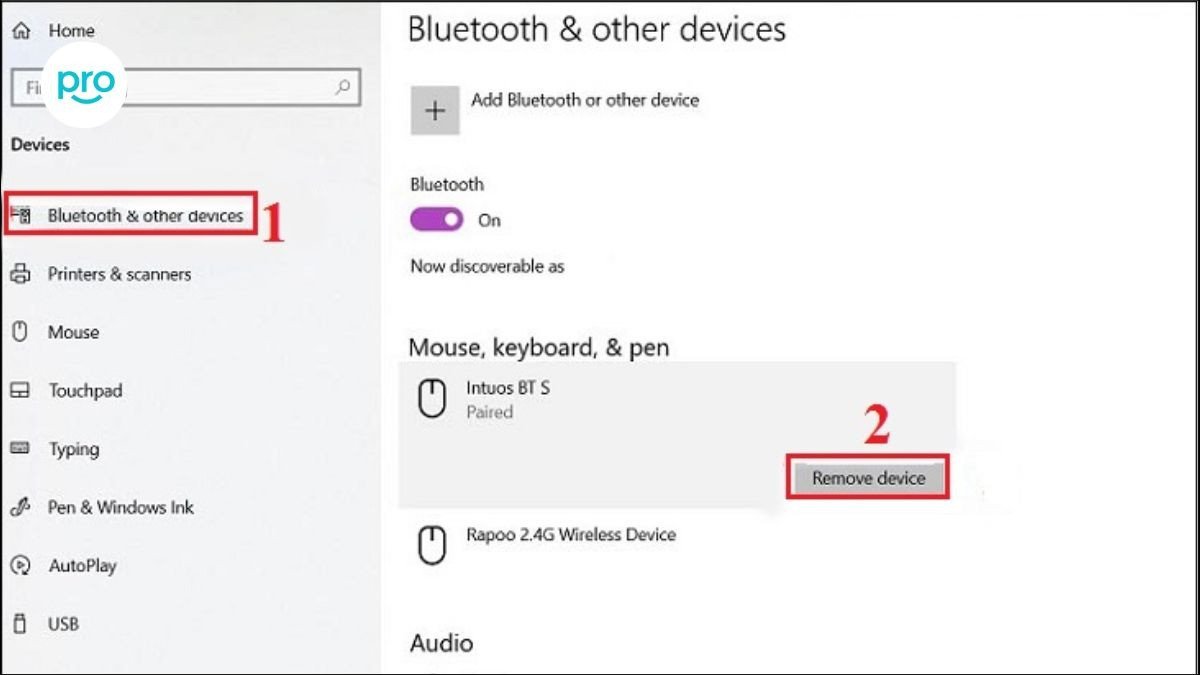Trong cài đặt Bluetooth của Windows, người dùng chọn "Remove device" để xóa tai nghe Bluetooth và kết nối lại