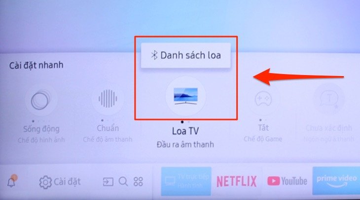 Truy cập Danh sách loa trên tivi Samsung để chọn thiết bị Bluetooth cần kết nối