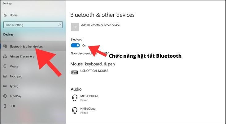 Tùy chọn bật/tắt Bluetooth trên máy tính bàn trong cửa sổ cài đặt Windows, sẵn sàng để kết nối thiết bị.