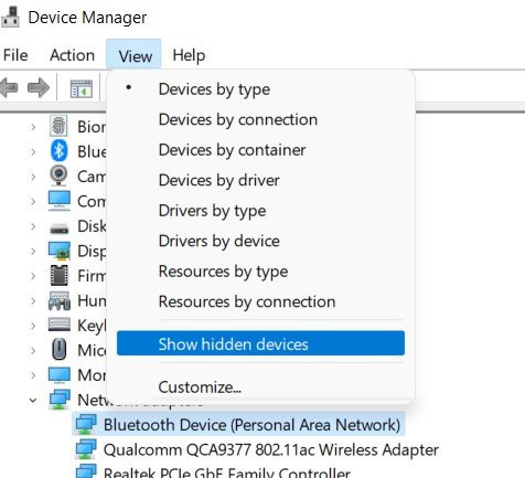 Tùy chọn hiển thị thiết bị ẩn trong Device Manager để tìm Bluetooth