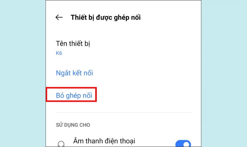 Tùy chọn hủy kết nối tai nghe để giải quyết vấn đề không nhận Bluetooth