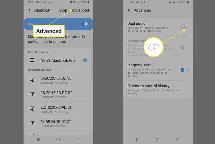 Tùy chọn Nâng cao trong cài đặt Bluetooth