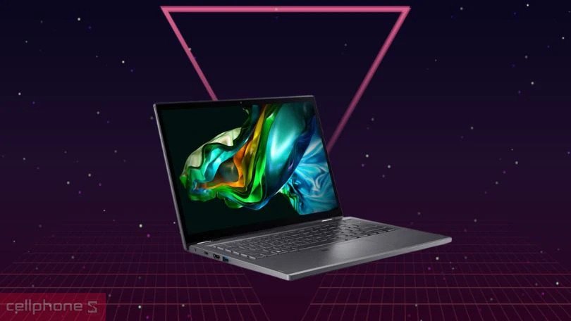 Acer Aspire 5 Spin 14 A5SP14-51MTN-78JH ở chế độ lều, thể hiện tính linh hoạt của bản lề 360 độ.