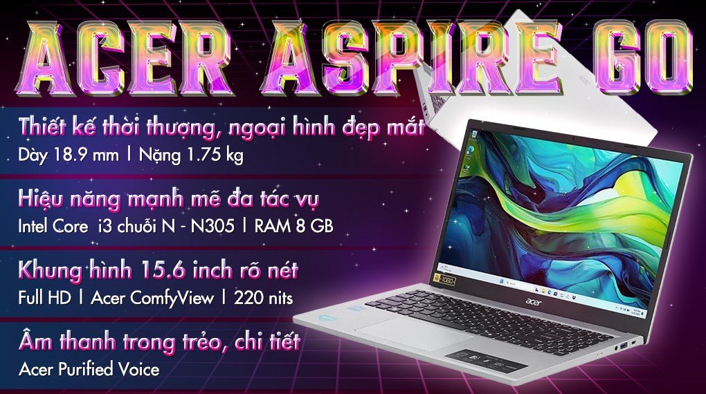 Acer Aspire Go 15 với ngoại hình gọn nhẹ, cấu hình đa năng, phù hợp cho nhu cầu hàng ngày