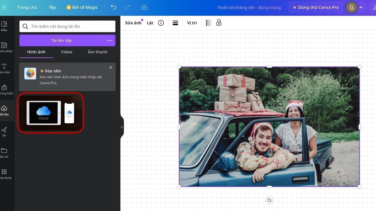 Ảnh đã được chèn vào Canva trên laptop và sẵn sàng chỉnh sửa