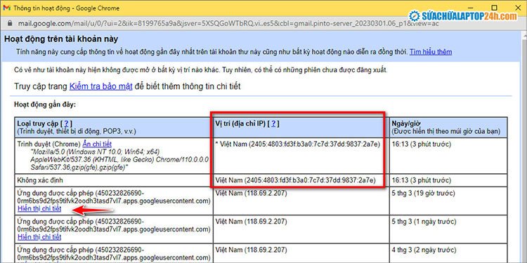 Ảnh minh họa quy trình xem chi tiết hoạt động trên Gmail để tìm địa chỉ IP laptop