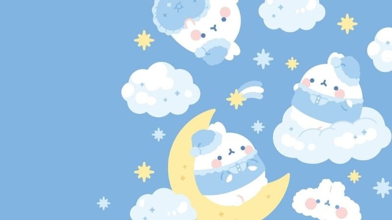 Ảnh nền dễ thương màu xanh với chú mèo ngủ