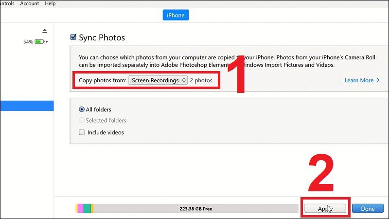 Áp dụng cài đặt và bắt đầu đồng bộ ảnh từ laptop sang iPhone qua iTunes