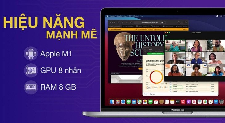 Apple MacBook Pro M1 sử dụng card đồ họa tích hợp, nổi bật với khả năng tiết kiệm năng lượng và hiệu quả tản nhiệt