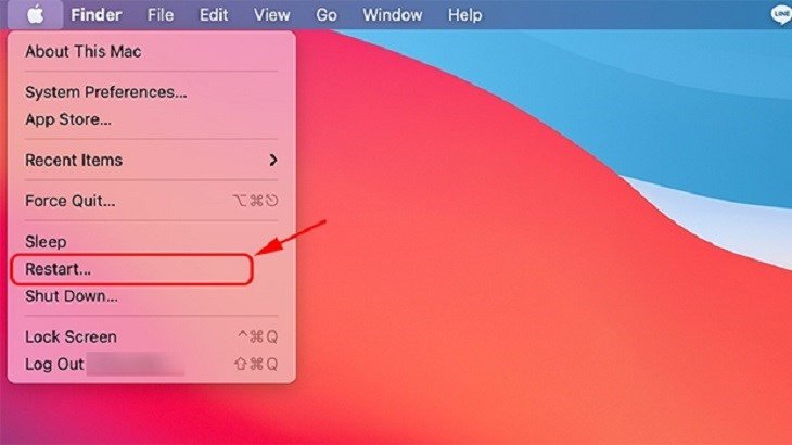 Bạn bấm vào thanh Apple và chọn Restart để khởi động lại máy