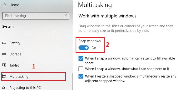 Bạn chọn mục Multitasking > Bật Snap windows