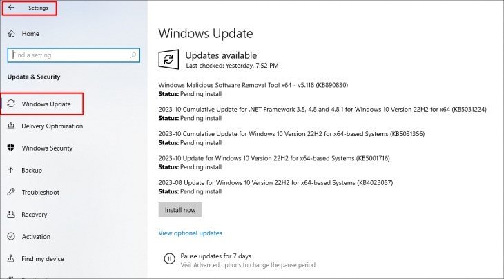 Bạn chọn Windows Update trong Settings