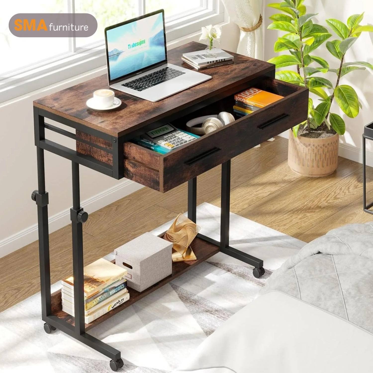 Bàn kê laptop trên giường tích hợp giá sách tiện lợi