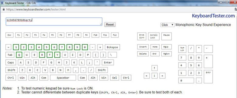 Bàn phím ảo Keyboardtester.com hiển thị phím sáng xanh khi hoạt động bình thường