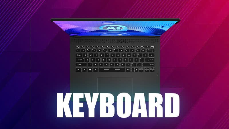 Bàn phím đèn nền thoải mái và touchpad rộng rãi của laptop MSI Prestige 14 AI Studio, tối ưu hóa cho công việc gõ phím và điều khiển chính xác.