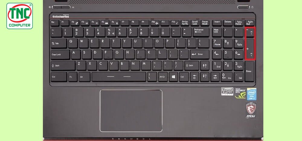 Bàn phím laptop gaming MSI với các phím + và - cùng phím Fn, giúp điều chỉnh đèn bàn phím laptop MSI.