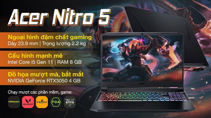 Bàn phím RGB và màn hình IPS tần số quét cao của Acer Nitro 5 Gaming AN515 57 54MV i5 11400H