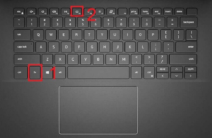Bàn tay thao tác trên bàn phím laptop Dell với ngón tay nhấn tổ hợp phím Fn và phím chức năng có biểu tượng đèn nền để bật đèn bàn phím, một bước cơ bản trong cách mở đèn bàn phím laptop Dell Win 10
