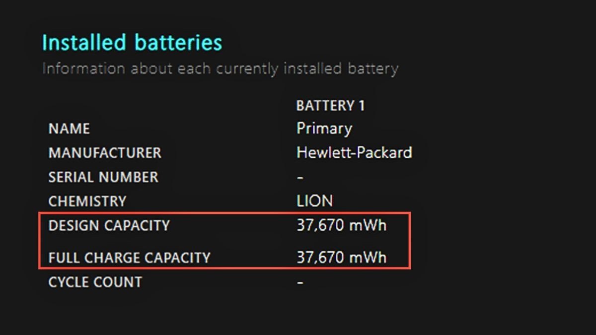 Báo cáo pin laptop hiển thị thông số DESIGN CAPACITY và FULL CHARGE CAPACITY
