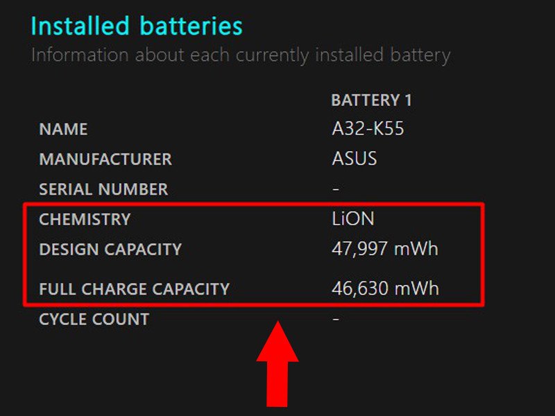 Báo cáo tình trạng pin hiển thị thông tin về loại pin, DESIGN CAPACITY và FULL CHARGE CAPACITY