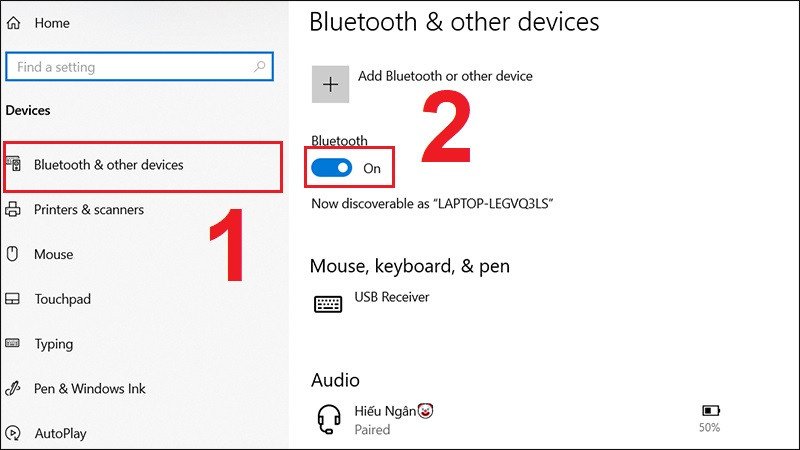Bật Bluetooth cho laptop Windows 10 thông qua công tắc On/Off trong Devices