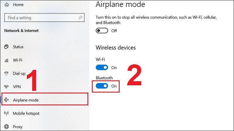 Bật Bluetooth cho laptop Windows 10 trong cài đặt Airplane Mode