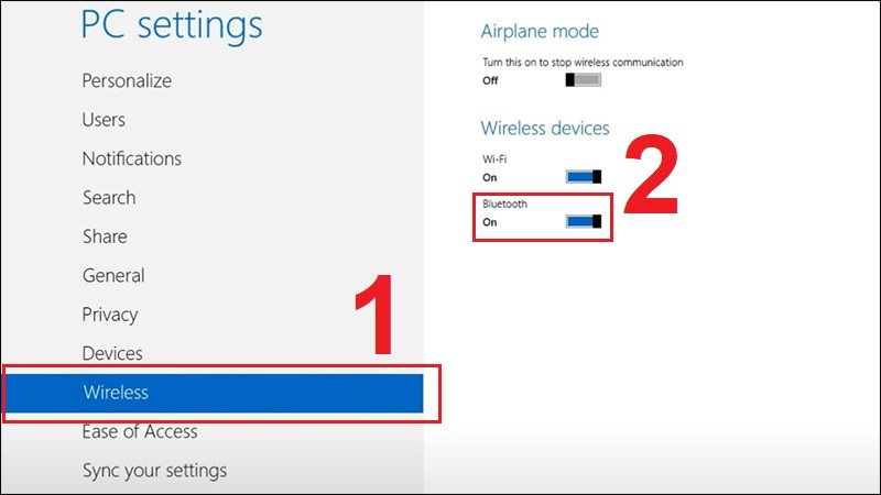 Bật Bluetooth thông qua cài đặt Wireless trên Windows 8