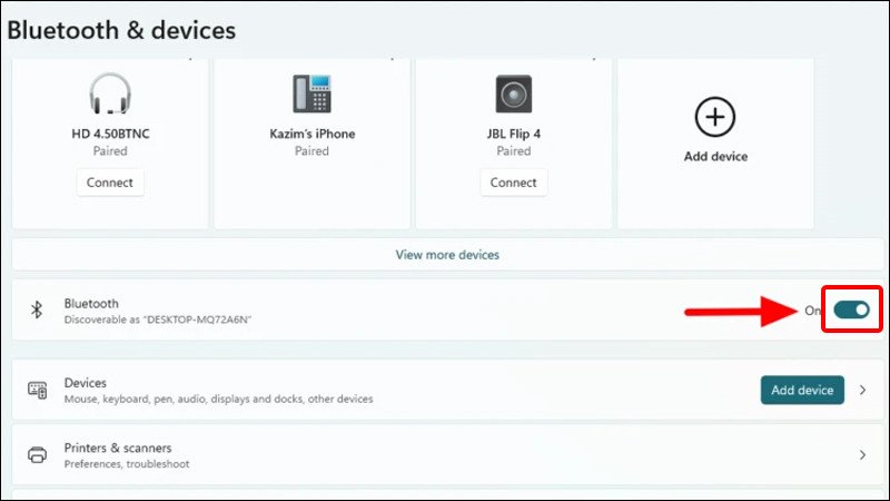 Bật Bluetooth trên Windows Settings