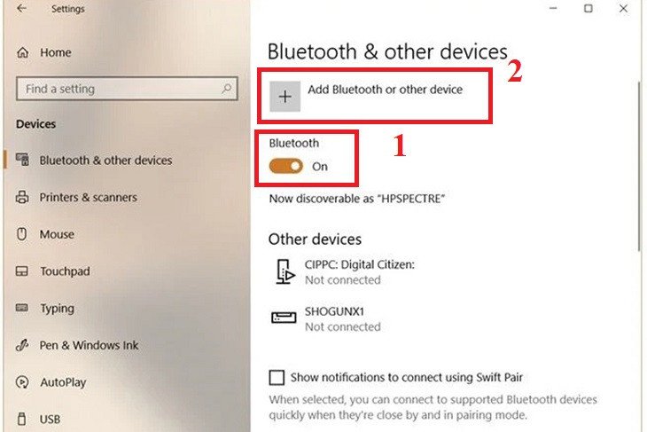 Bật Bluetooth và chọn Add Bluetooth or other device