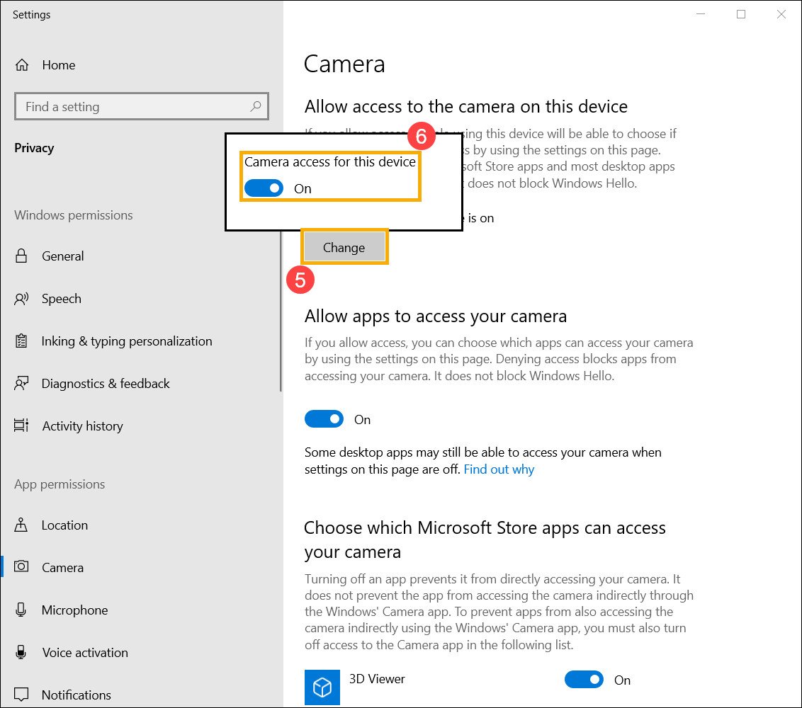 Bật "Camera access for this device" để cho phép mở camera trên laptop Asus cho các ứng dụng.