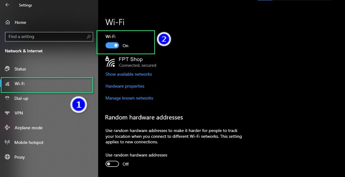 Bật chế độ Wi-Fi sang trạng thái On trong cài đặt trên máy tính HP