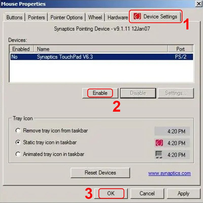 Bật chuột cảm ứng trong Device Settings