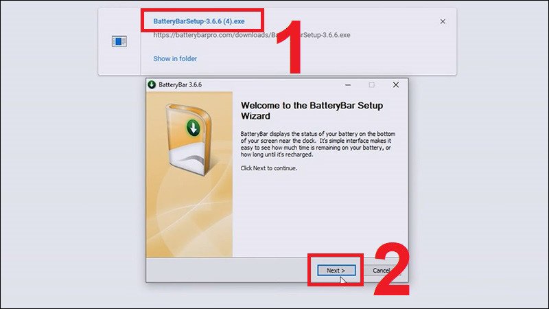 Bắt đầu cài đặt Battery Bar bằng cách nhấn Next