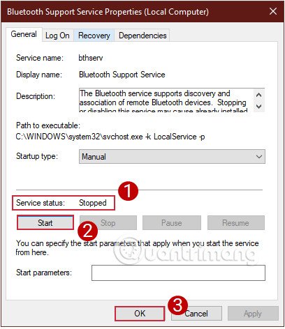 Bắt đầu dịch vụ Bluetooth nếu nó đang ở trạng thái Stopped