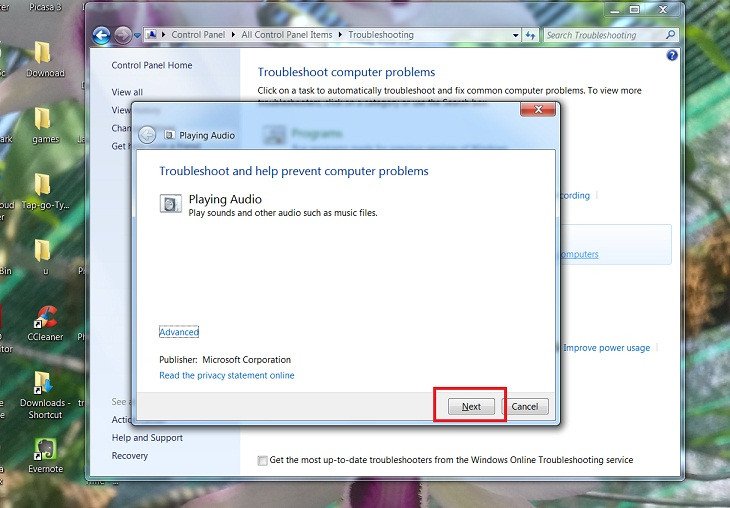 Bắt đầu quá trình khắc phục sự cố âm thanh bằng cách nhấn Next