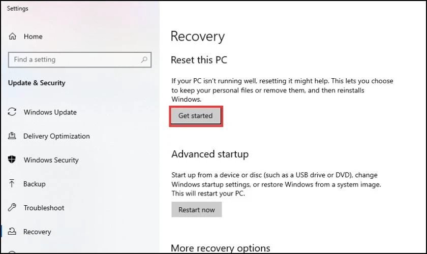 Bắt đầu quá trình reset PC để sửa bàn phím laptop