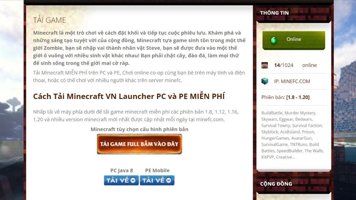 Bắt đầu tải Minecraft PC miễn phí bằng cách chọn liên kết tải game