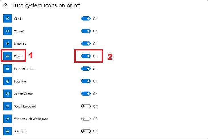 Bật hiển thị biểu tượng Power để xem phần trăm pin trên laptop