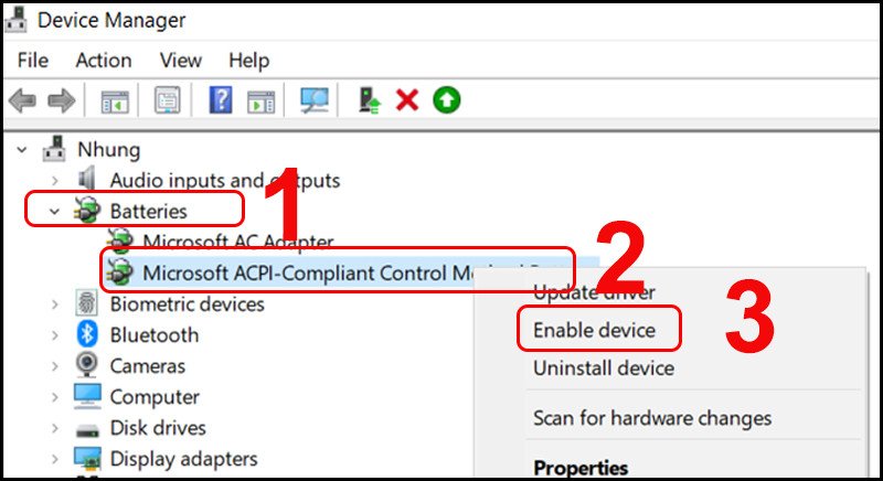 Bật lại driver pin để khắc phục laptop Dell báo sạc nhưng không vào pin