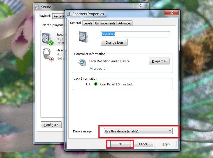 Bật thiết bị âm thanh bằng tùy chọn "Use this Device (enable)" trong Properties